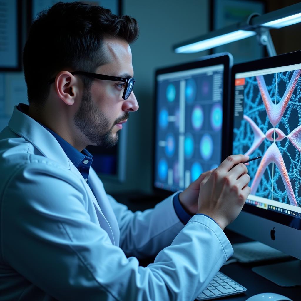 A scientist analyzes data on a computer screen.