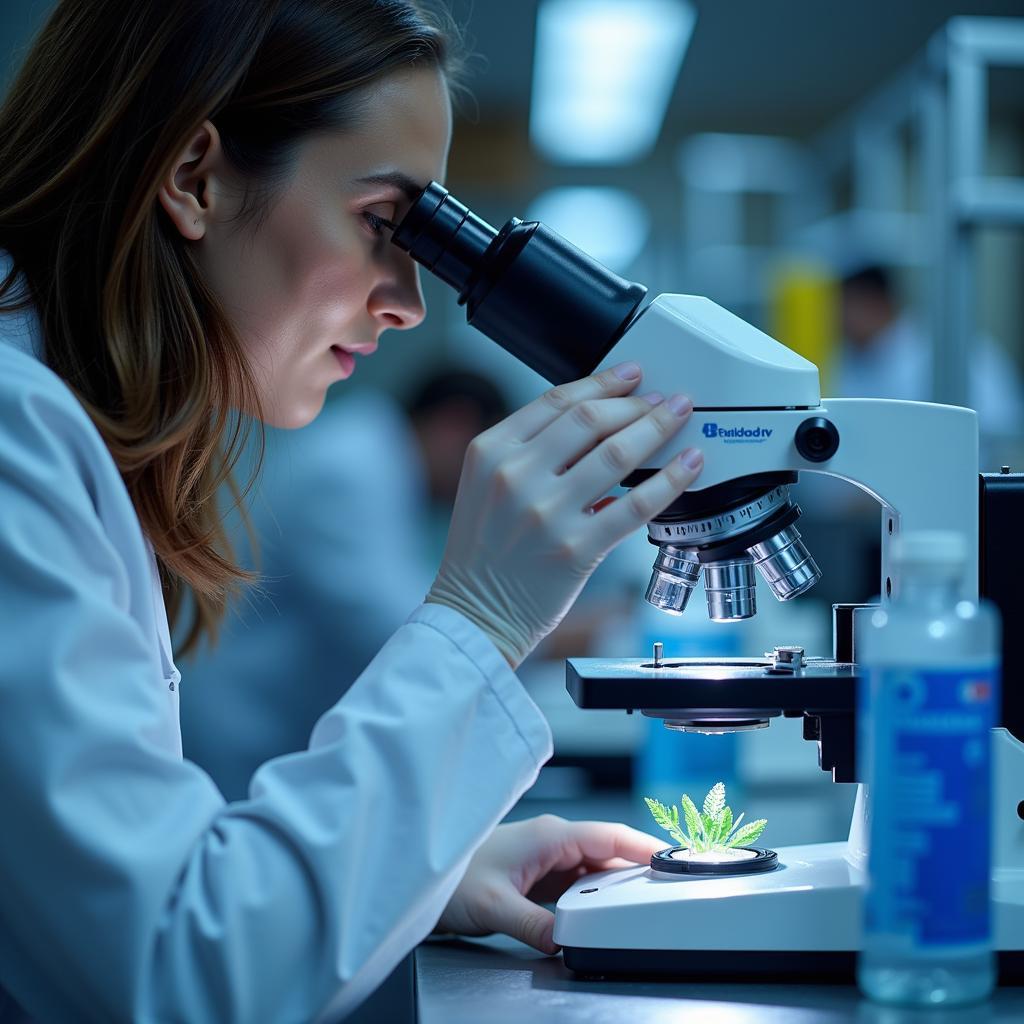 A scientist analyzing skin cells under a microscope