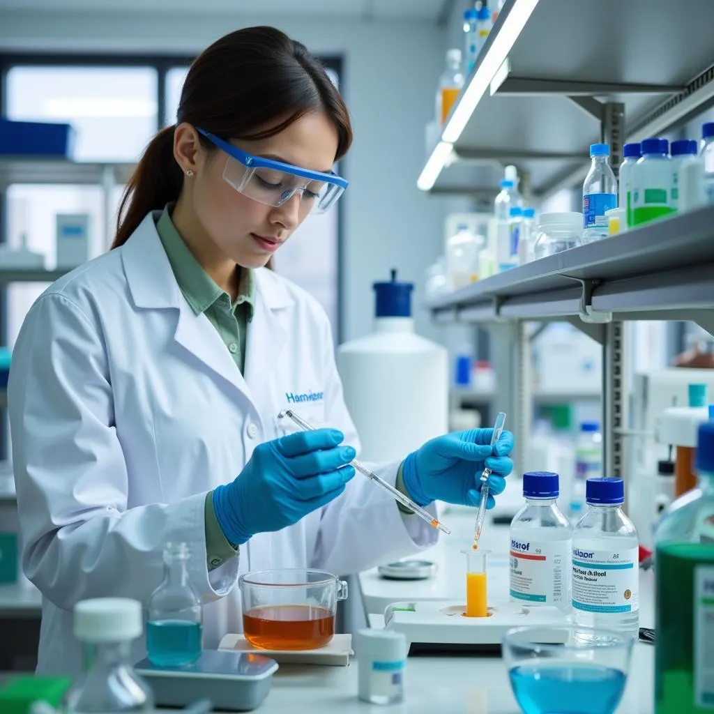 A researcher in a lab coat examining test tubes with colorful solutions