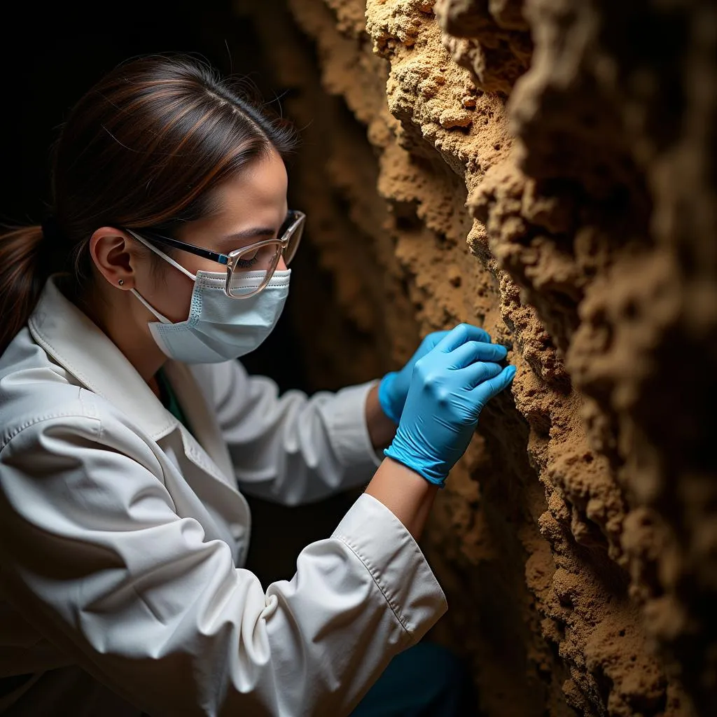 A scientist meticulously collecting cave samples for scientific analysis