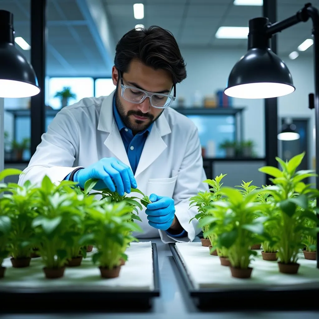 Scientist observing two plant groups in a controlled environment