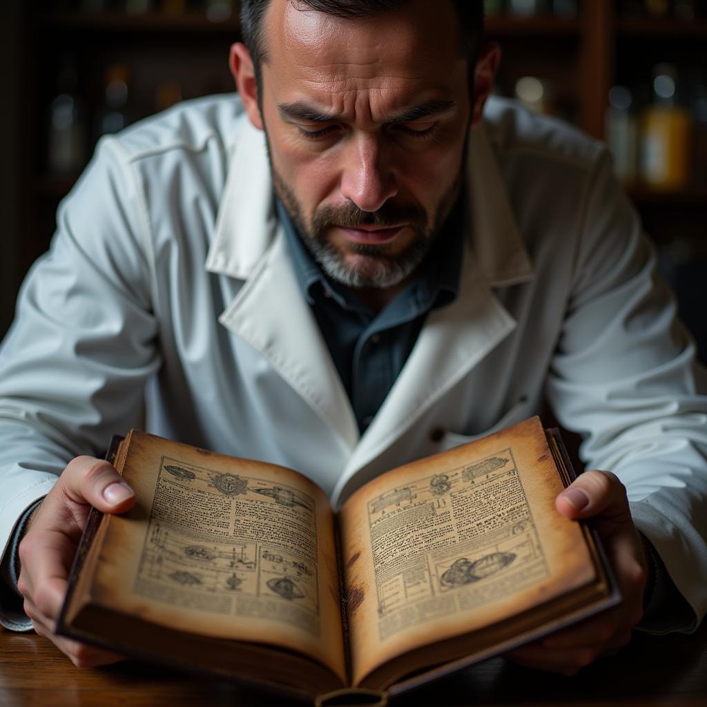 Scientist Studying Ancient Medical Texts in Lab