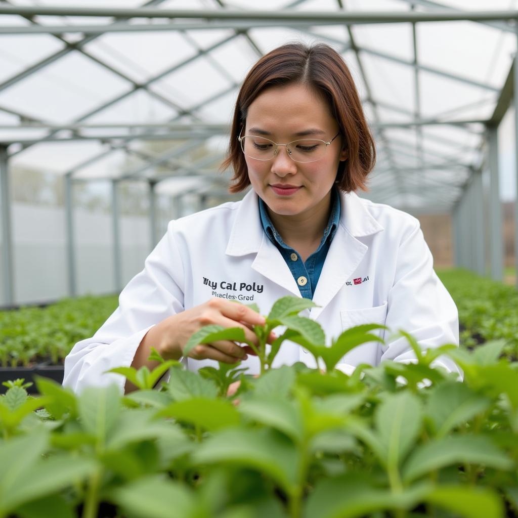 Scientist Examining Plants in Cal Poly Greenhouse