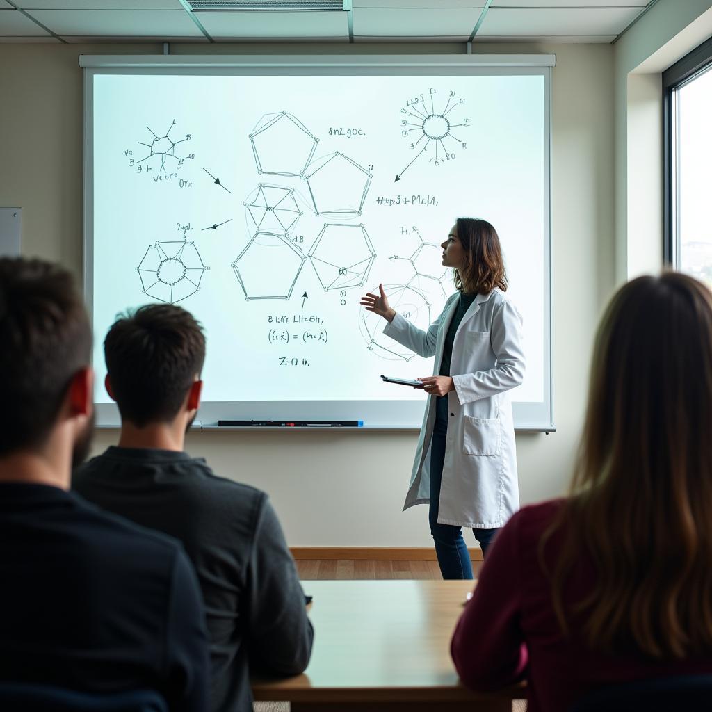 A scientist explaining their research in a laboratory setting