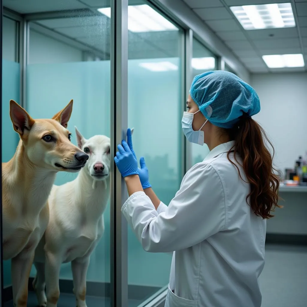 Scientist observing lab animals in a controlled environment