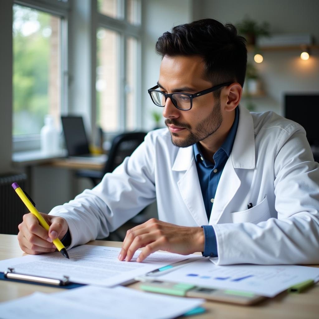 Scientist meticulously reviewing a grant application