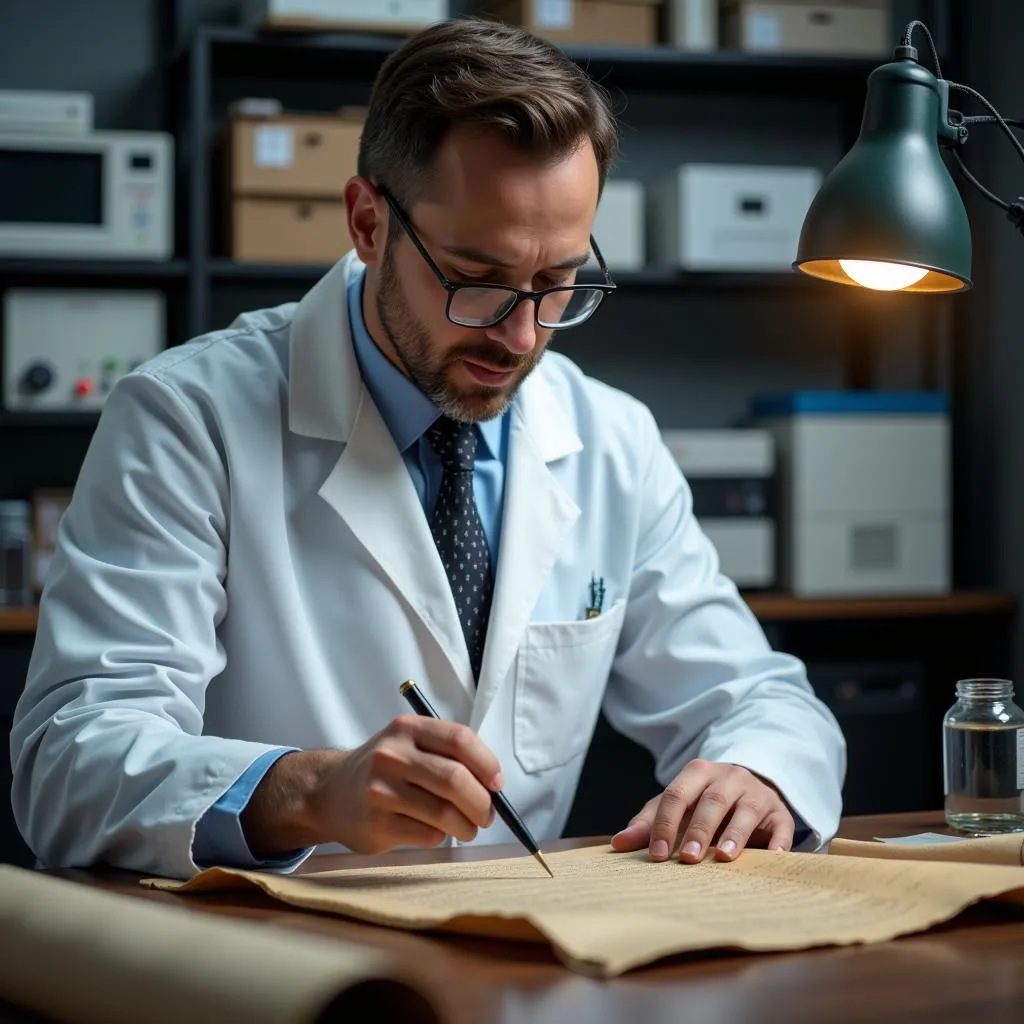 Scientist Studying Ancient Texts for Pharmaceutical Insight