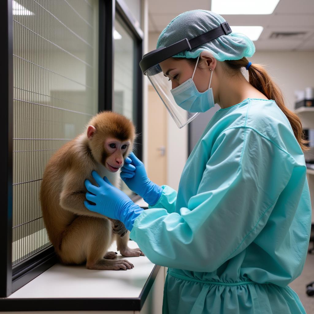 A scientist in protective gear interacts with a primate in a controlled laboratory setting.