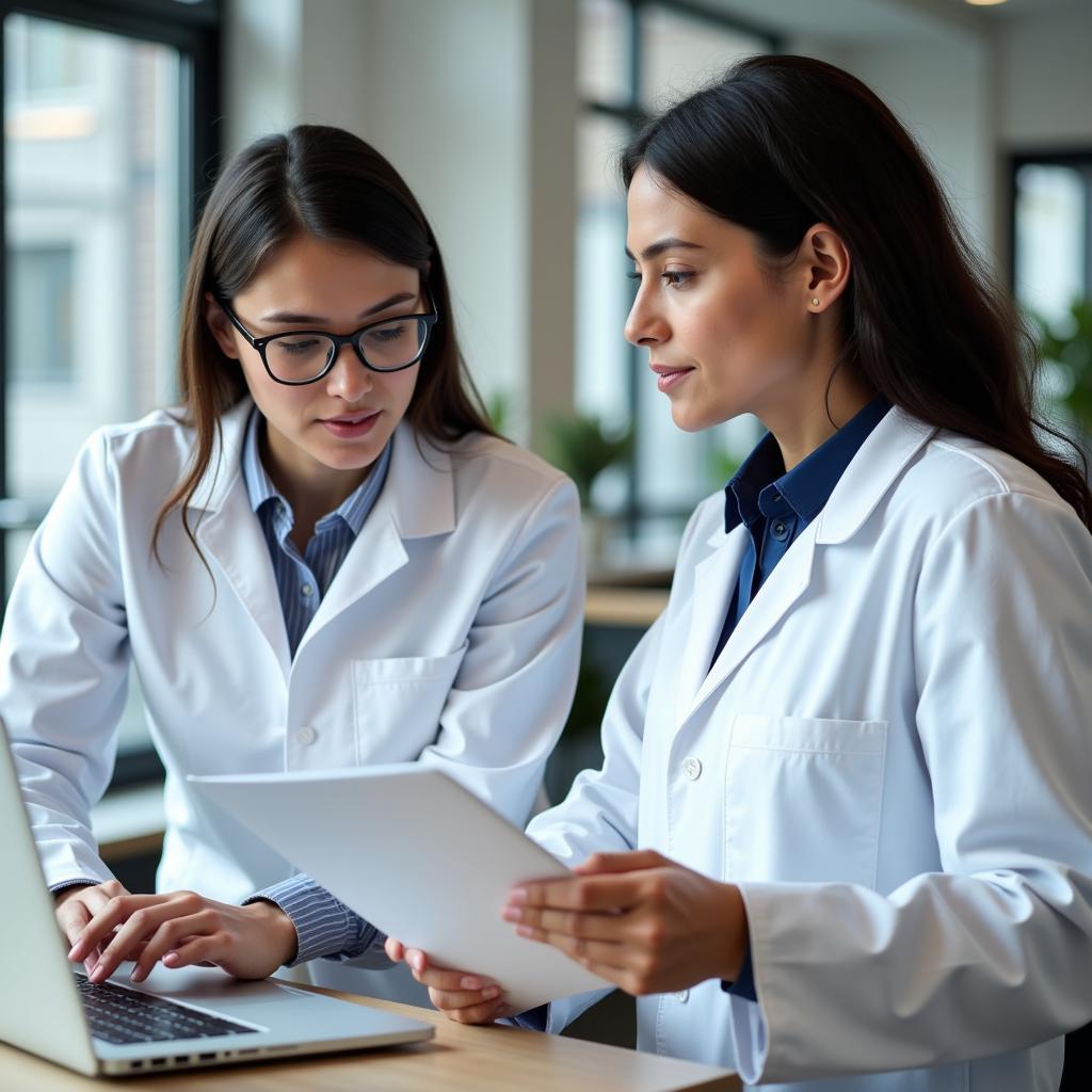 Two scientists discussing research findings