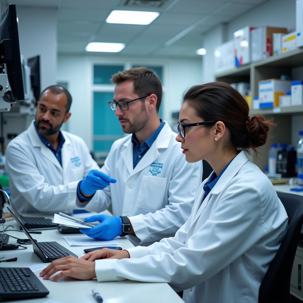 A group of scientists working together on antibody research in a modern laboratory