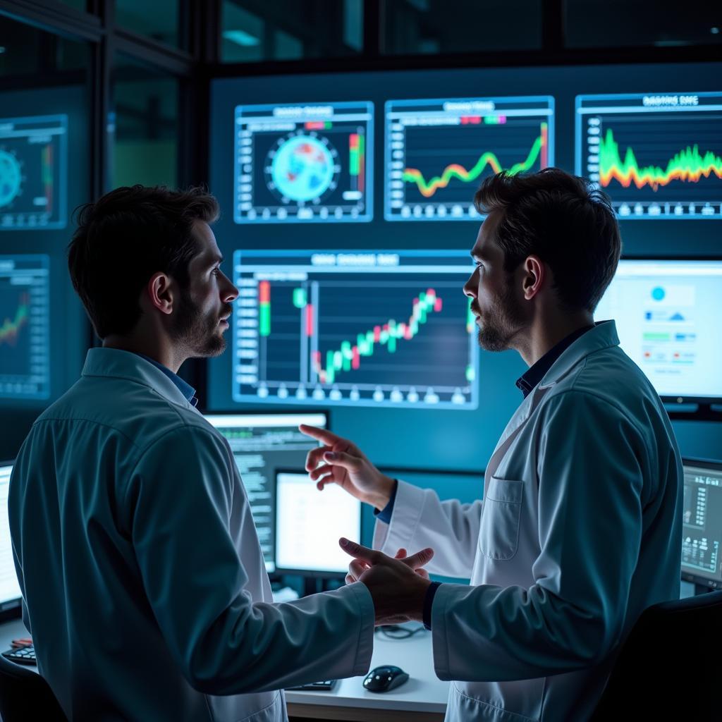 Two scientists discussing research data in a meeting room