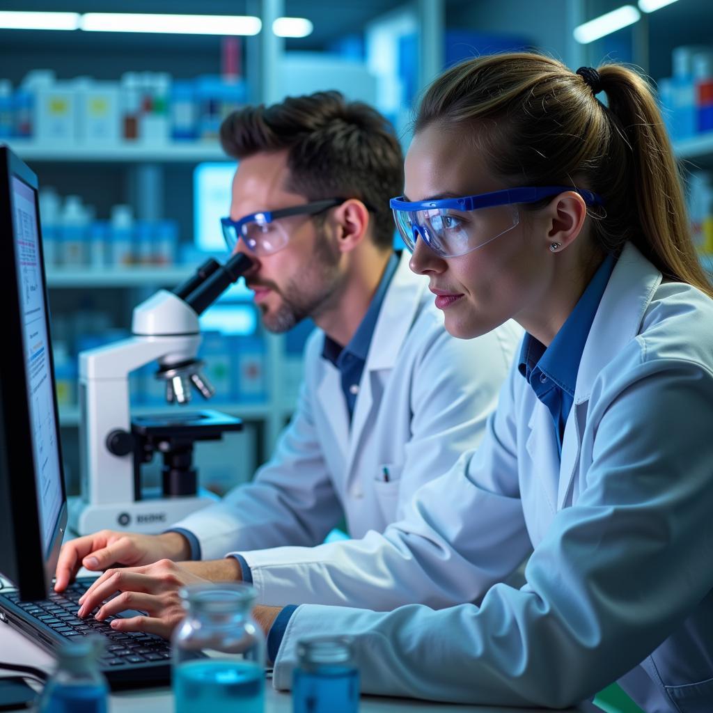 Scientists diligently working in a brightly lit laboratory, surrounded by advanced equipment and research materials.