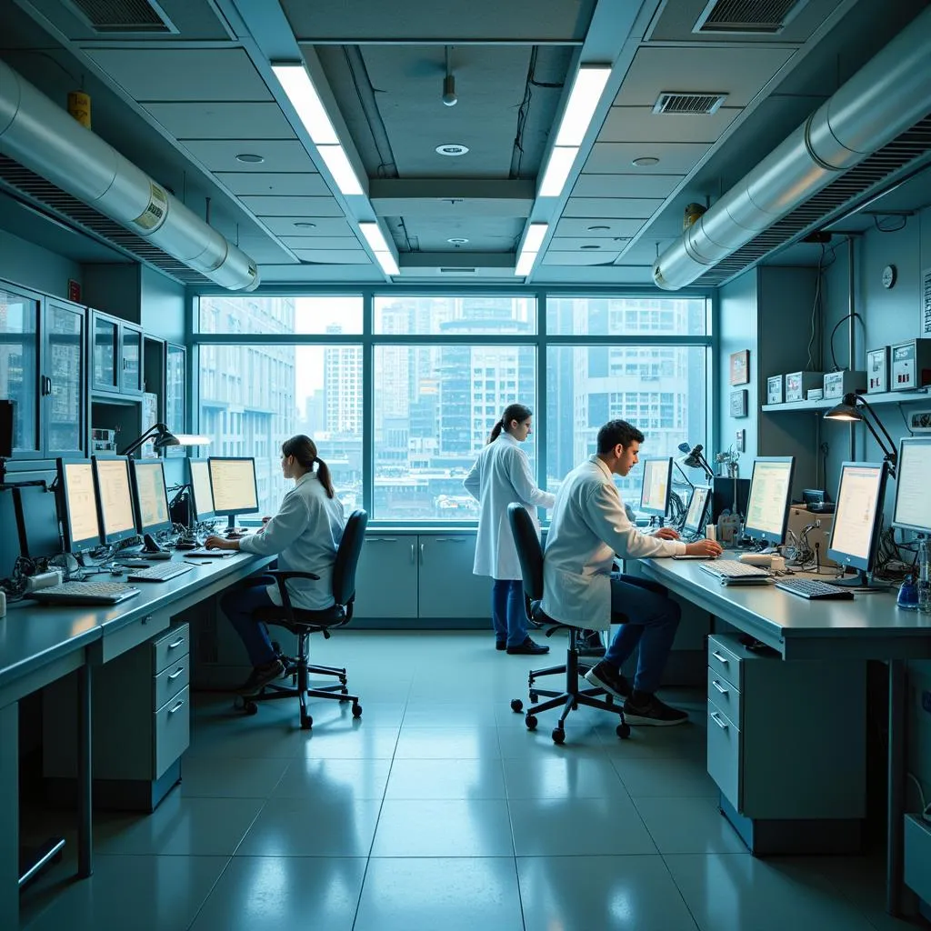 Scientists in lab coats conducting research with advanced equipment.