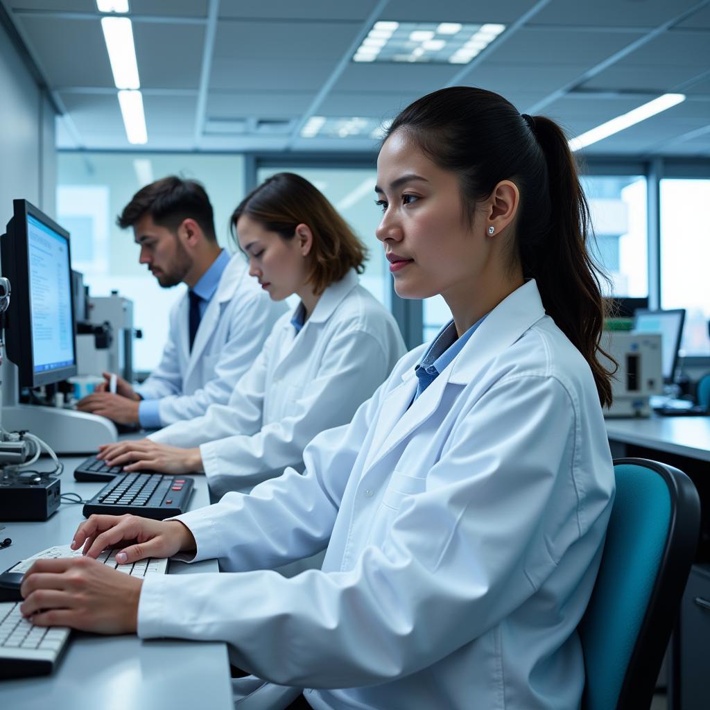 Scientists collaborating in a Beckman Research Institute laboratory