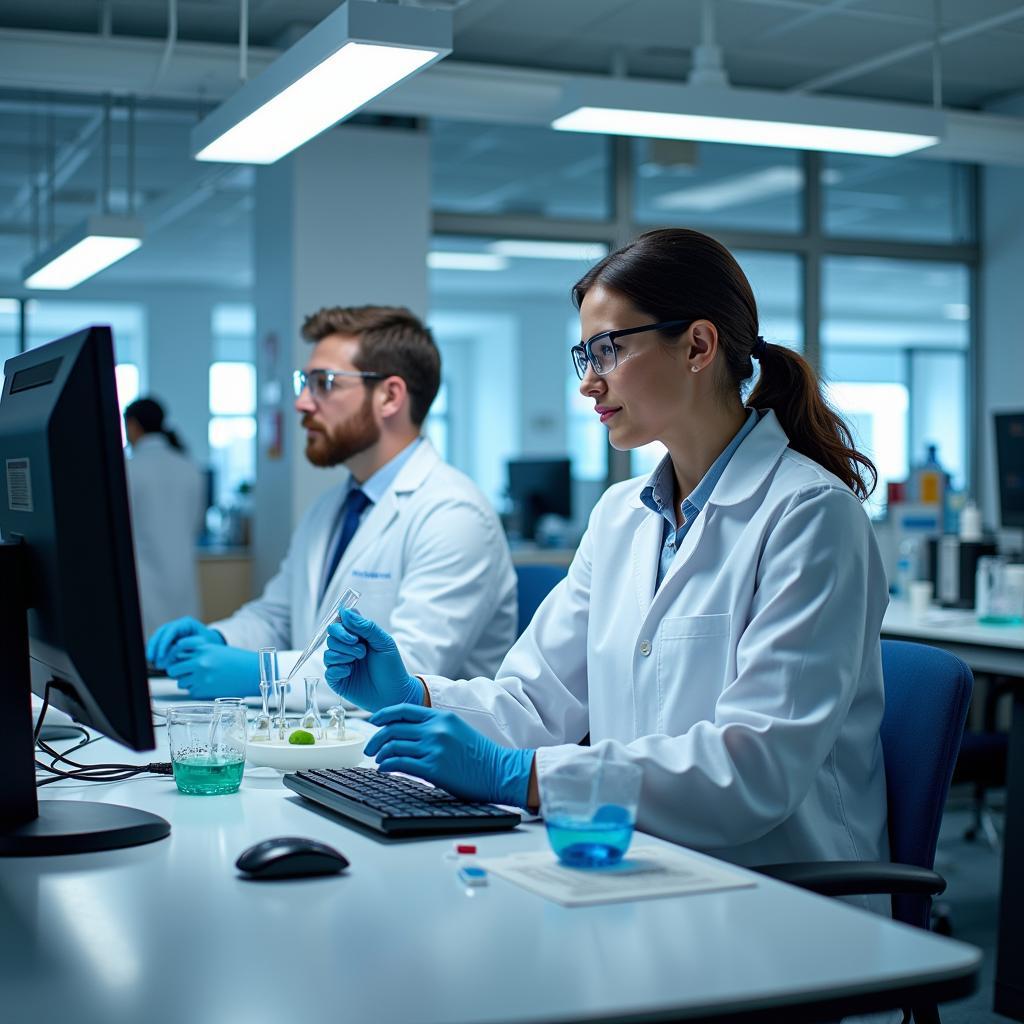 Two scientists in lab coats working with test tubes and microscopes