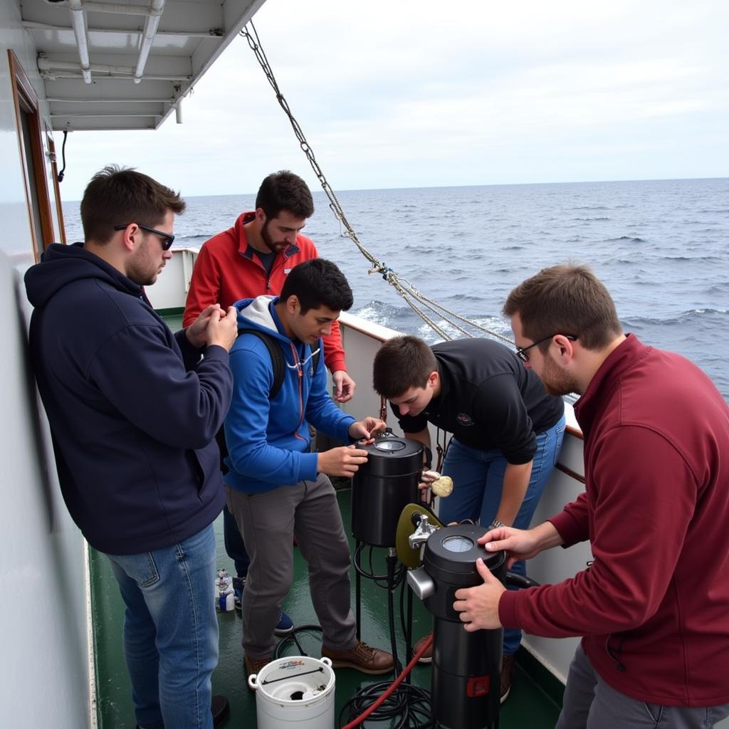 Students participating in a research expedition on an oceanographic research vessel during the Scripps Summer Research Fellowship