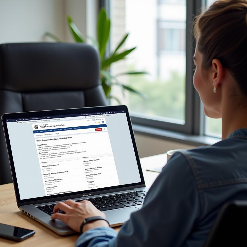 Job seeker using a laptop to find clinical research assistant jobs