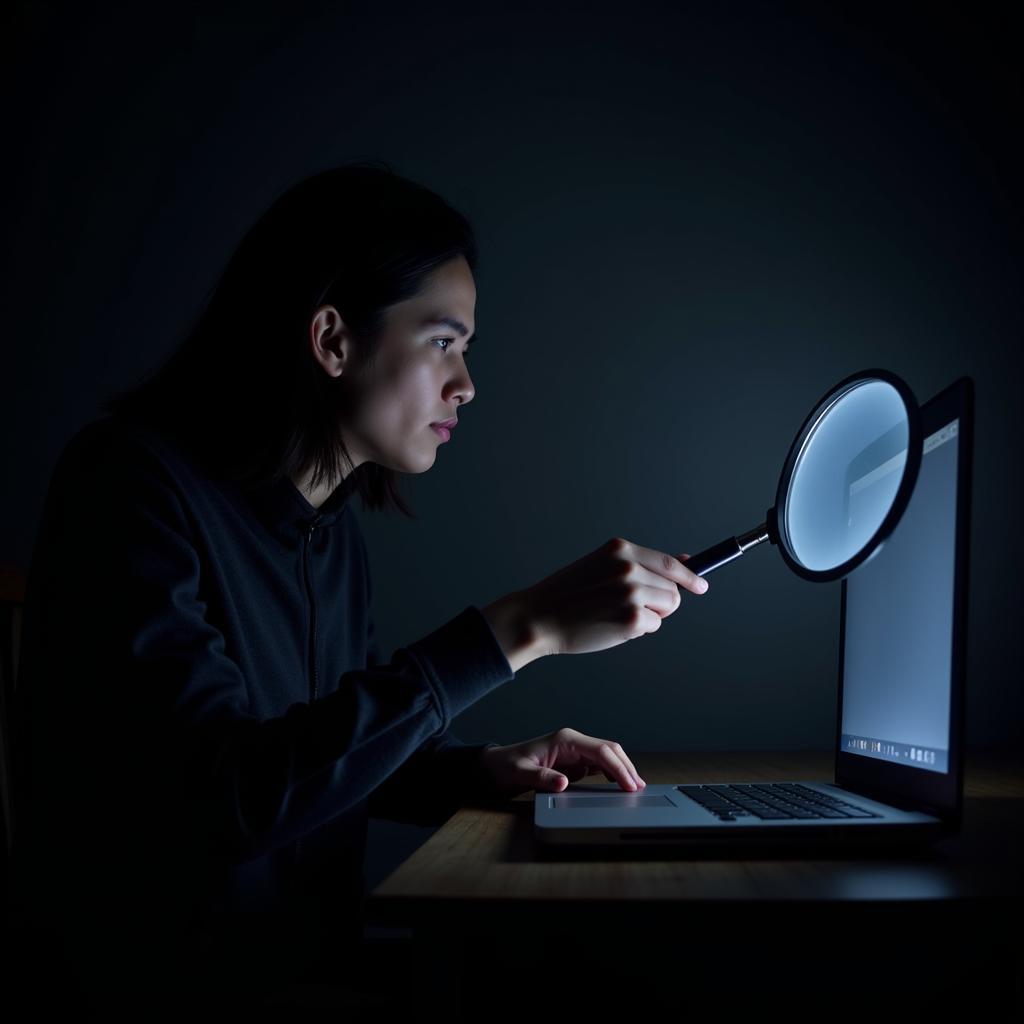 a person researching on a laptop with a magnifying glass over the screen