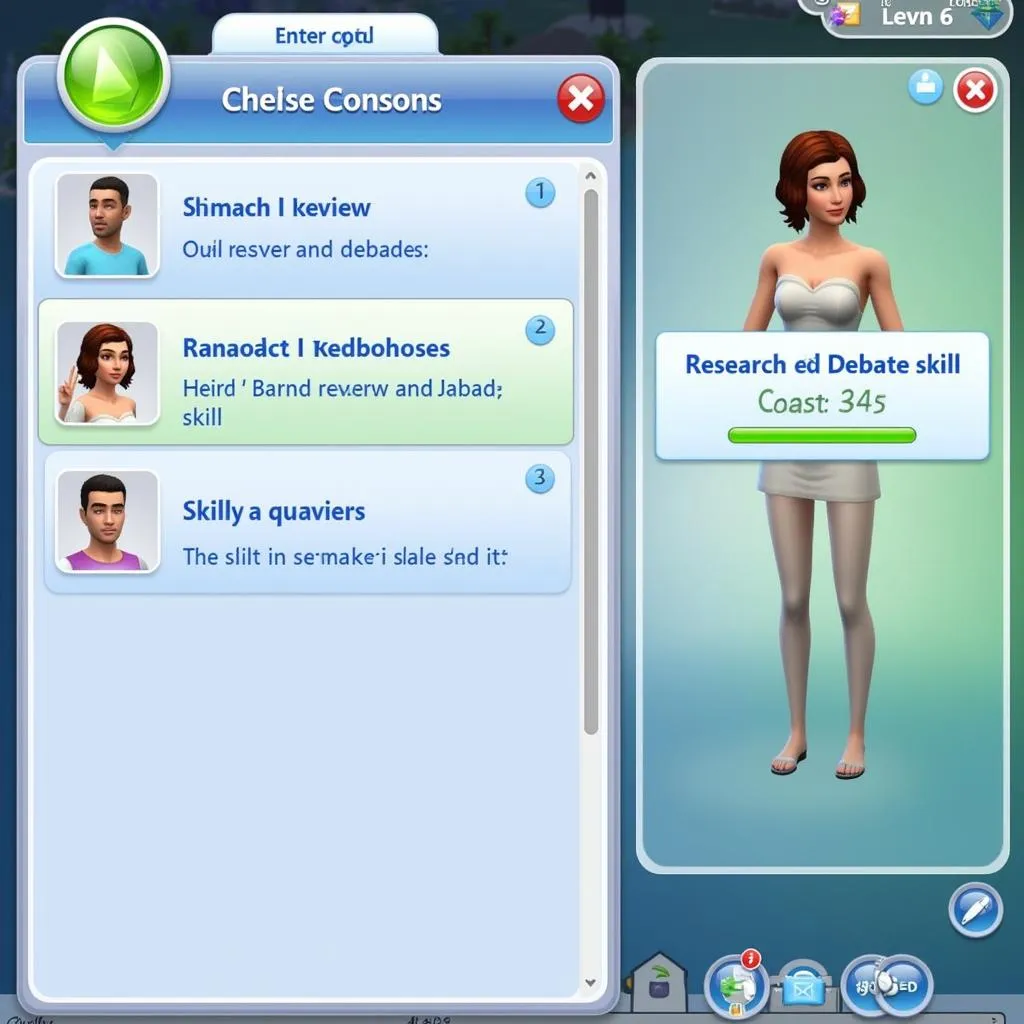 The Sims 4 cheat interface showing the Research and Debate skill cheat code.