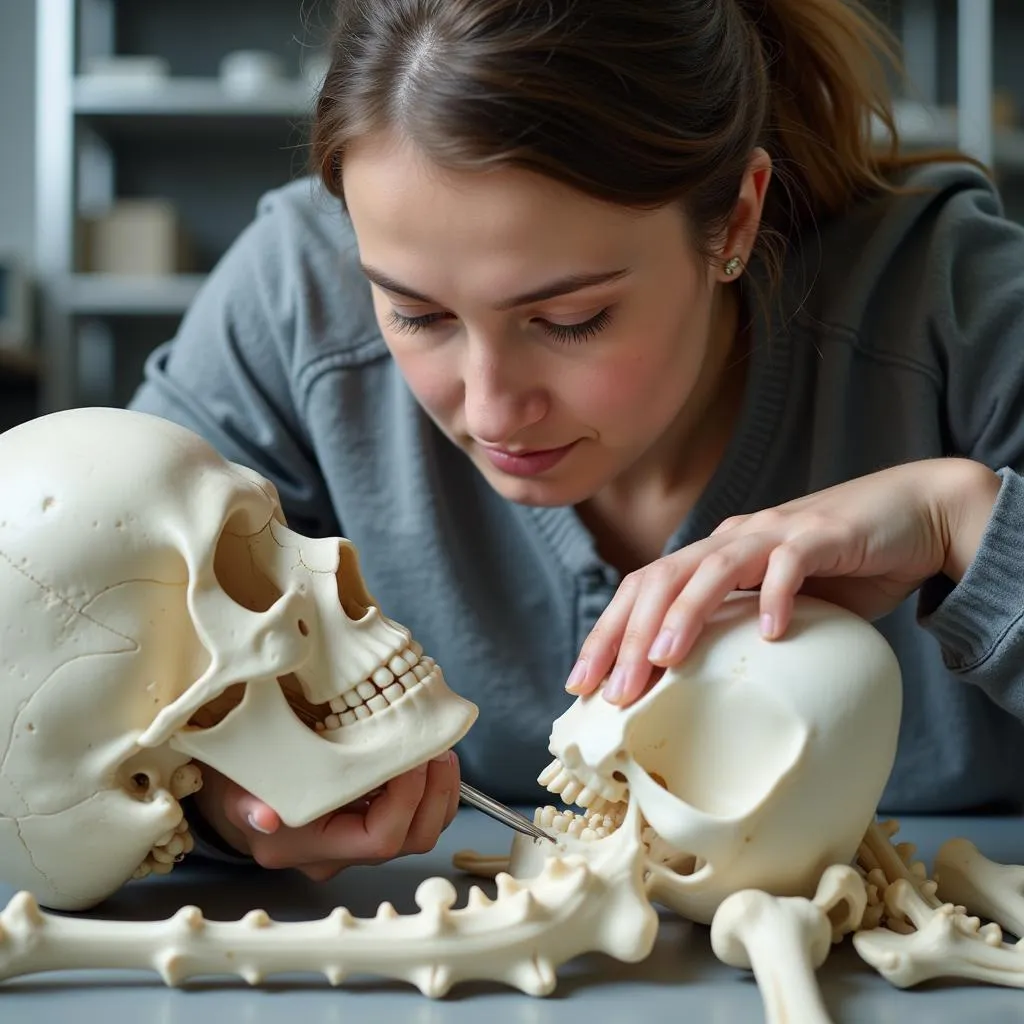 Emma Pomeroy examining a skeleton