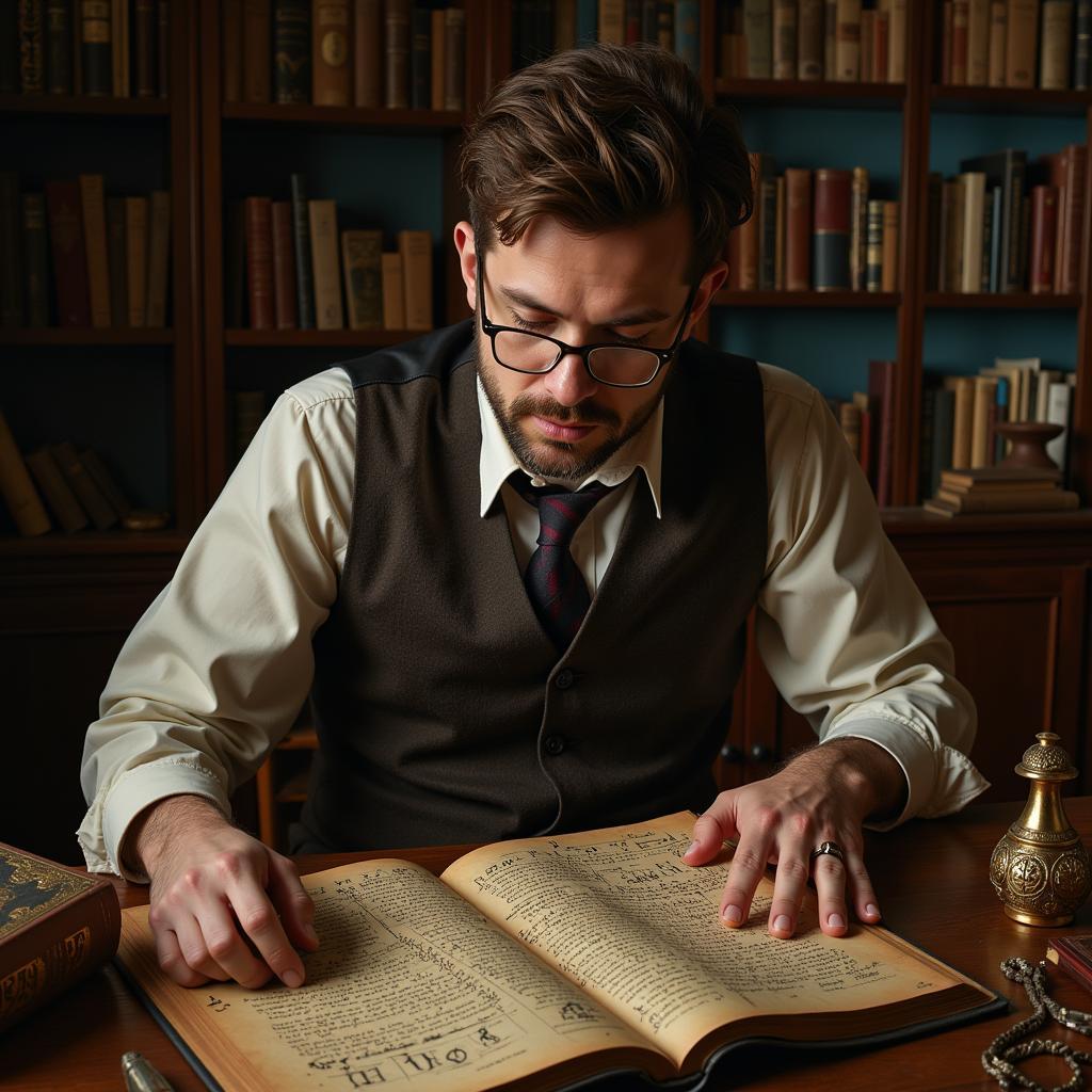 Skeptical Researcher Examining Ancient Text