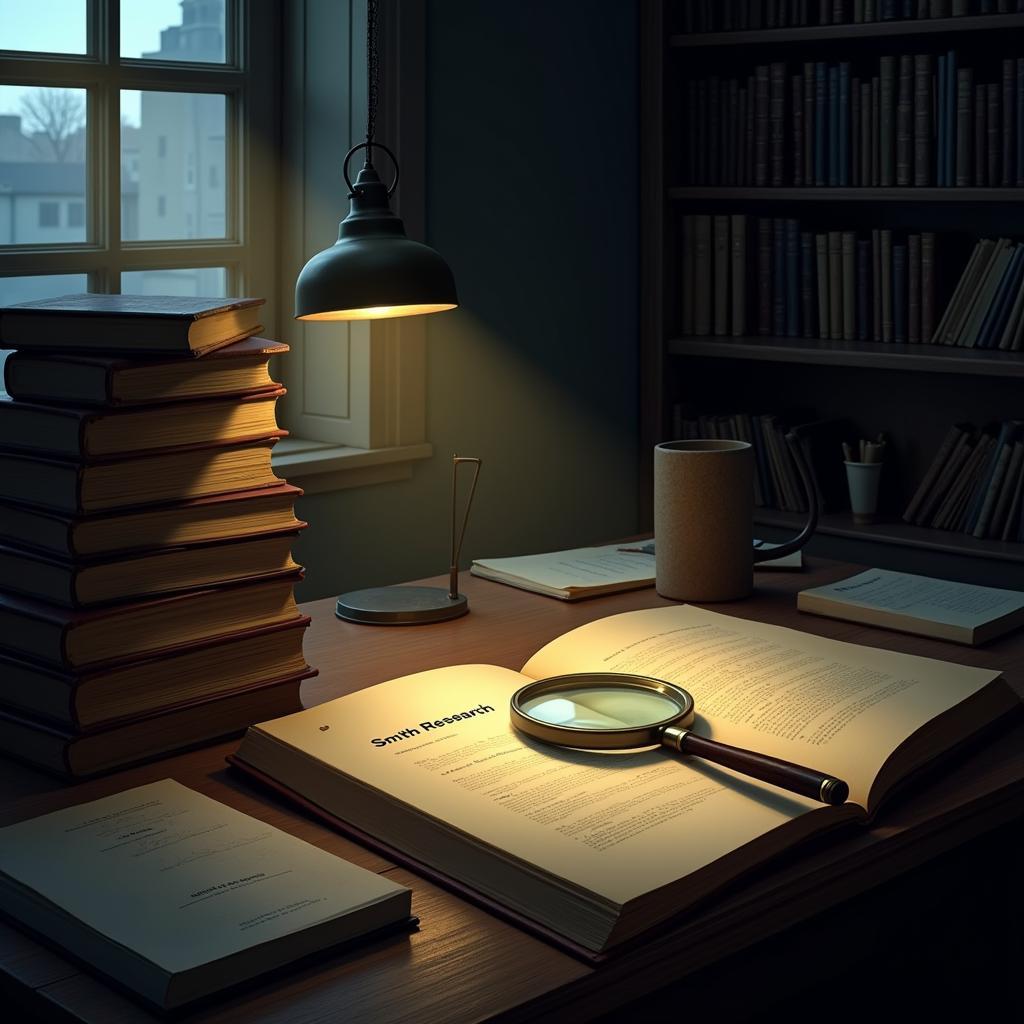 Stack of old documents with magnifying glass