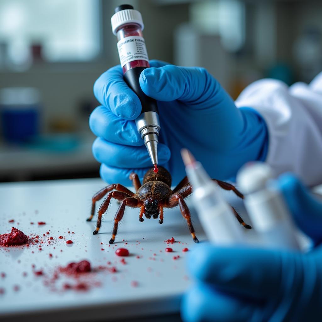 Close-up of spider venom being extracted and stored in research vials.