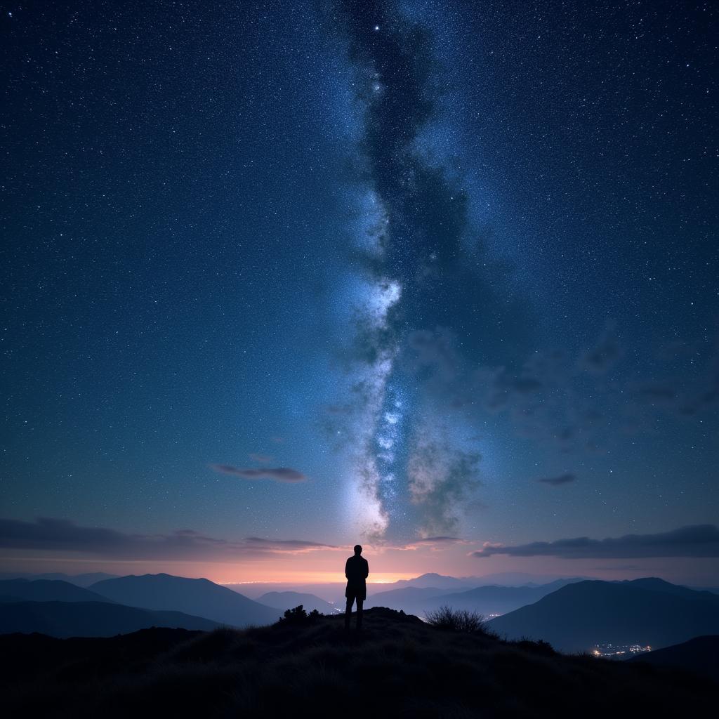 Silhouette of a person standing on a mountaintop, gazing at a starry sky