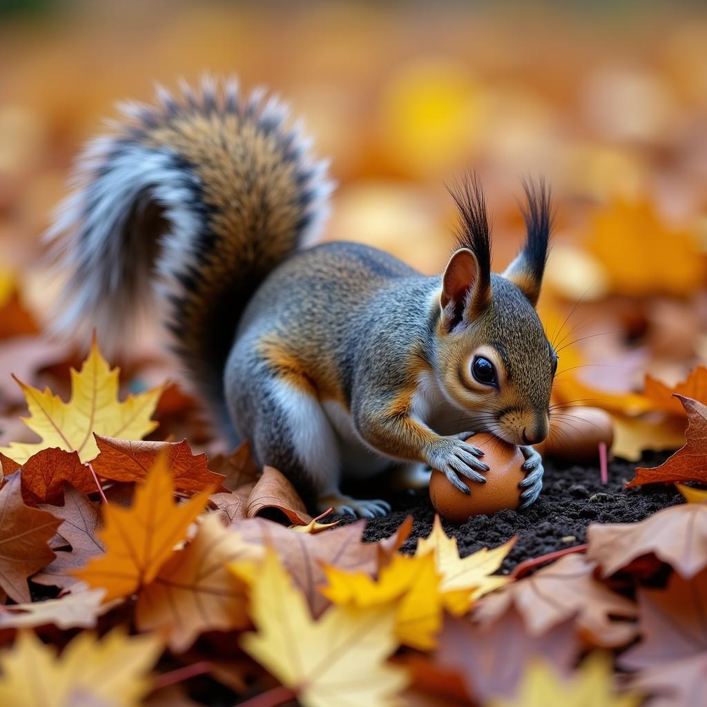 Squirrel burying a nut in autumn leaves