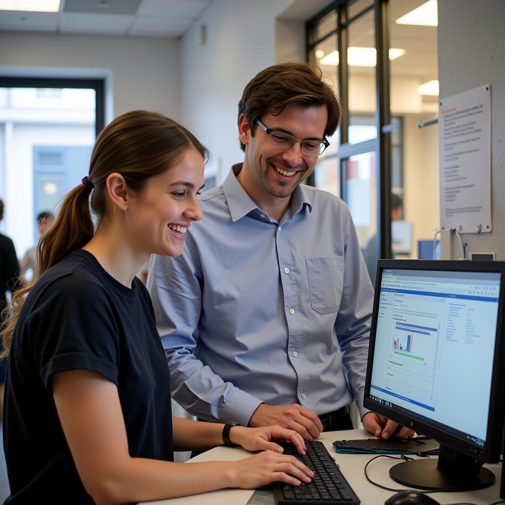 Student and professor discussing research in a lab