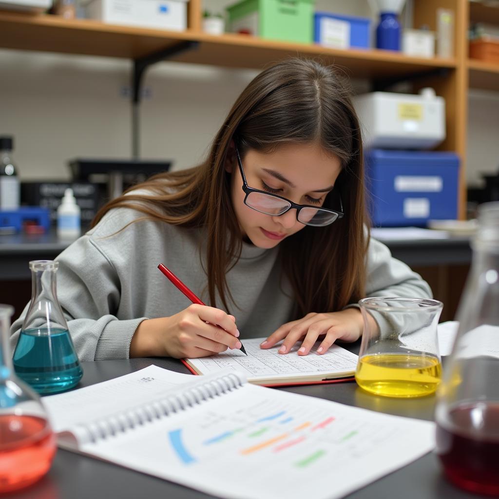  Student carefully recording data during a science experiment.