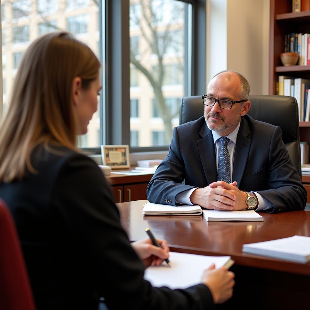 A student and a professor discuss research in the professor's office.