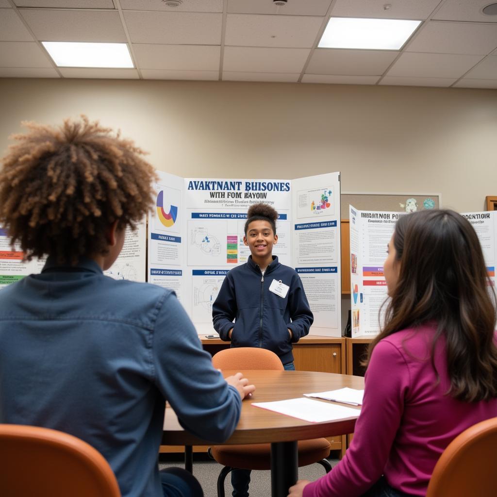 A student confidently presenting their science fair project to judges