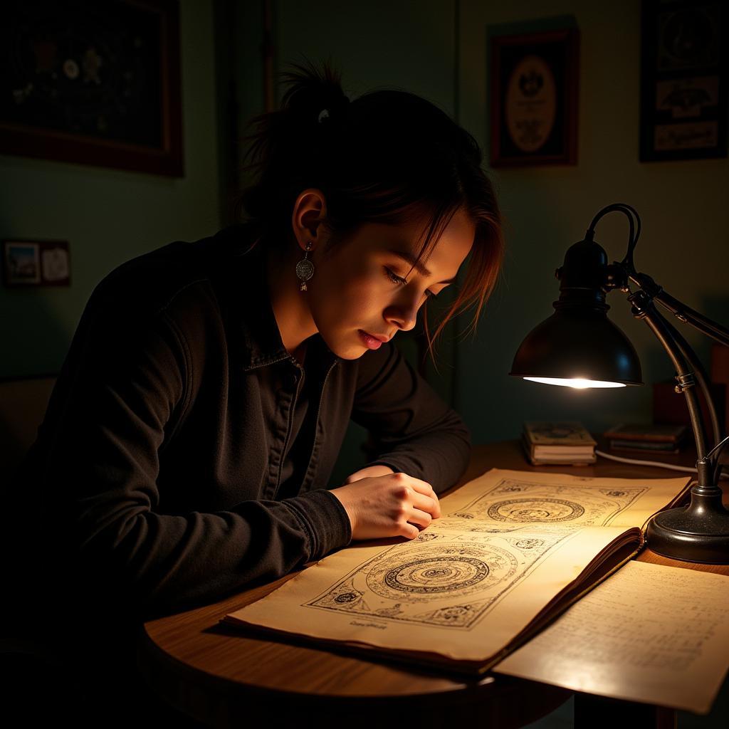 Student researcher examining ancient texts