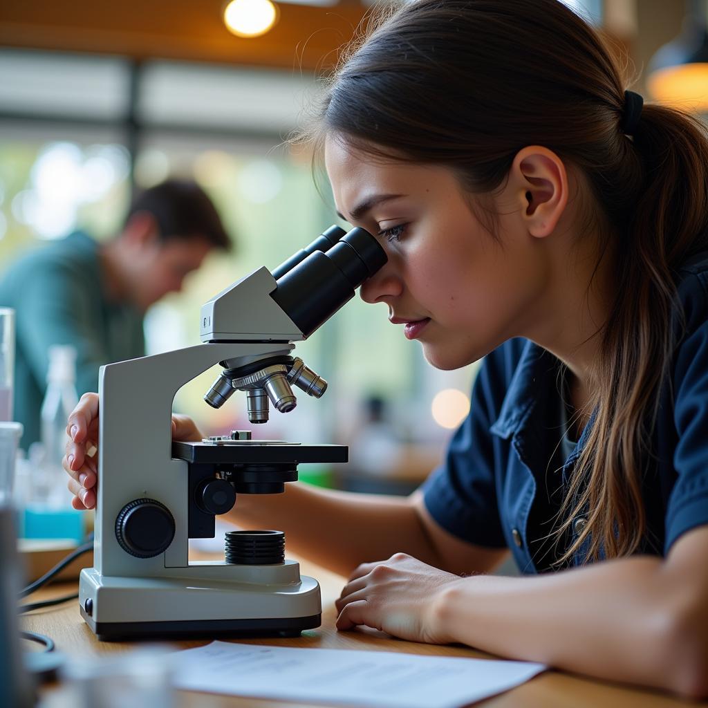 Student researcher using a microscope