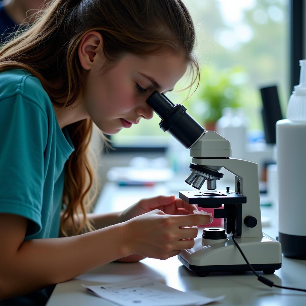 Student researcher using a microscope in a university laboratory