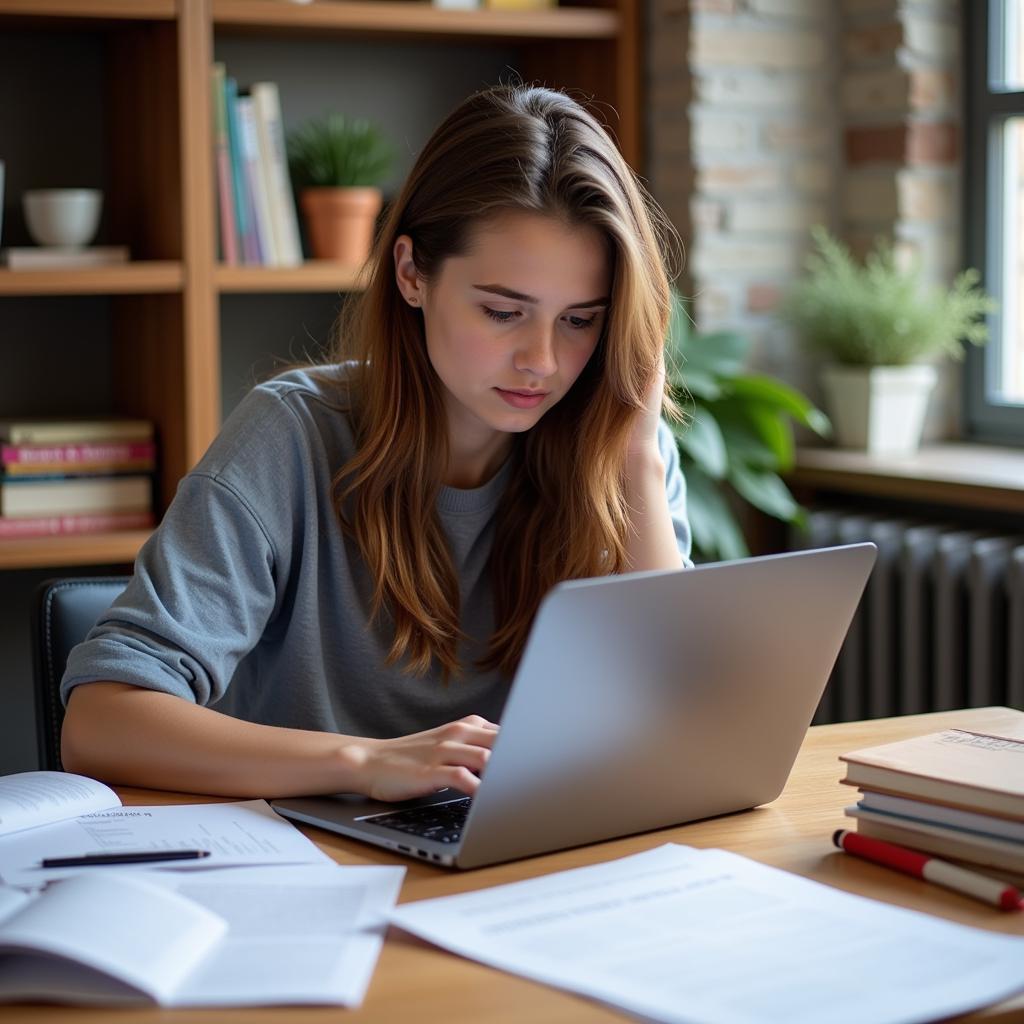 Student researching on a laptop