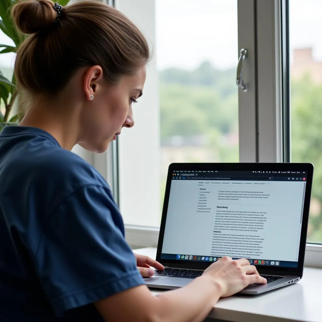 Student carefully reviewing online clinical research program details on a laptop