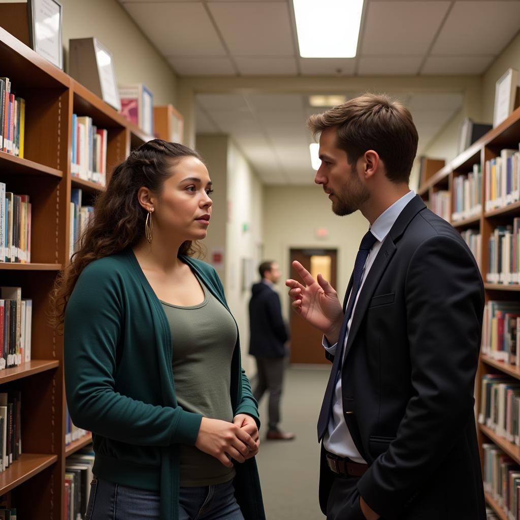 Student talking to librarian