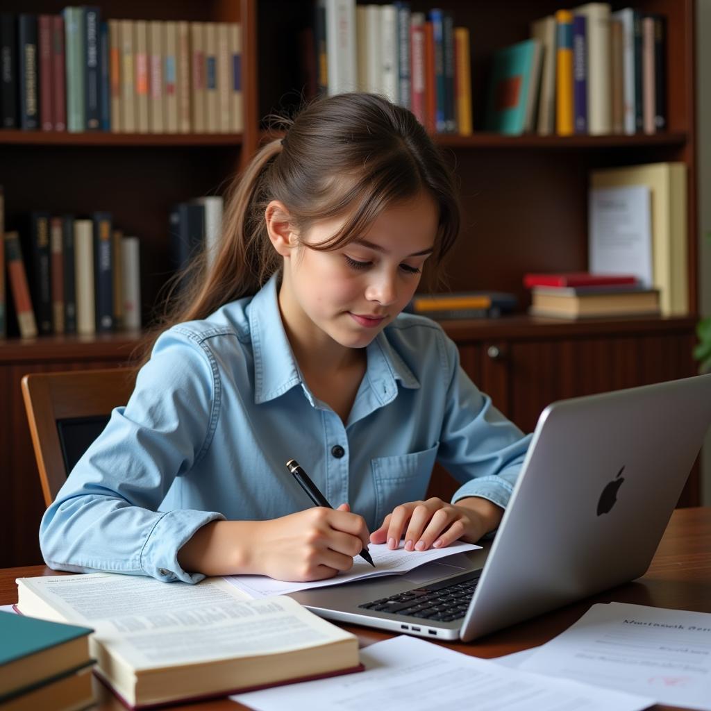 Student writing a research paper on a laptop