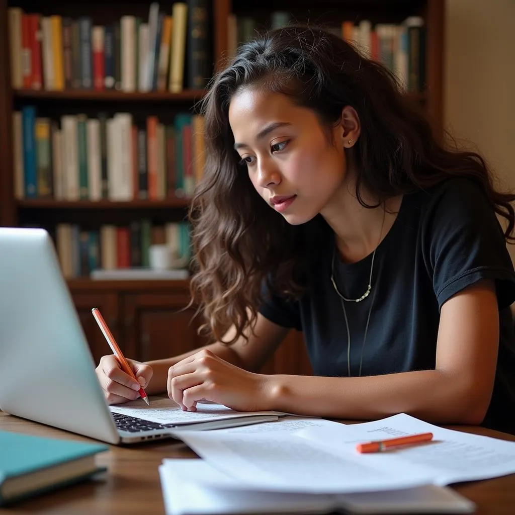 Student writing a thesis statement on a laptop