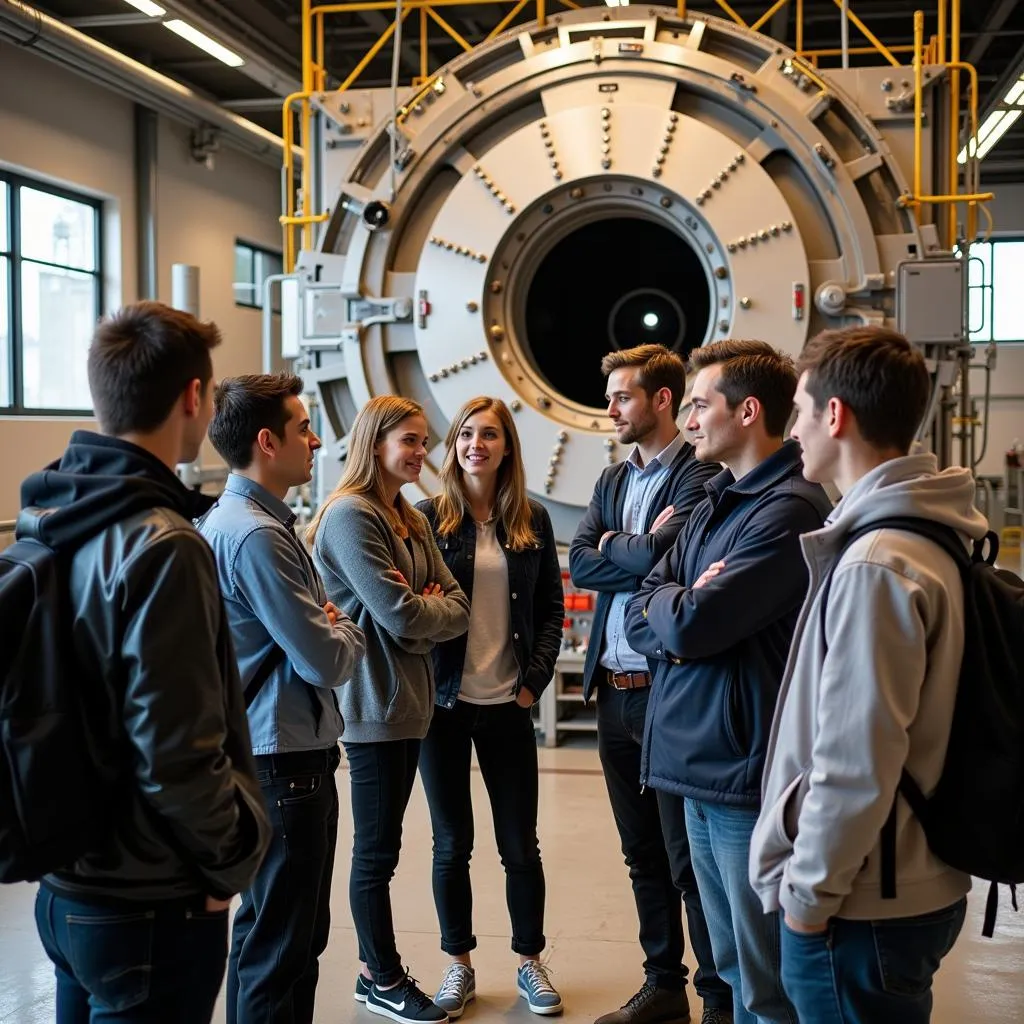 Students and professor discussing research in front of reactor core