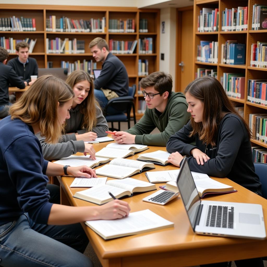 High school students collaborating on research in a library