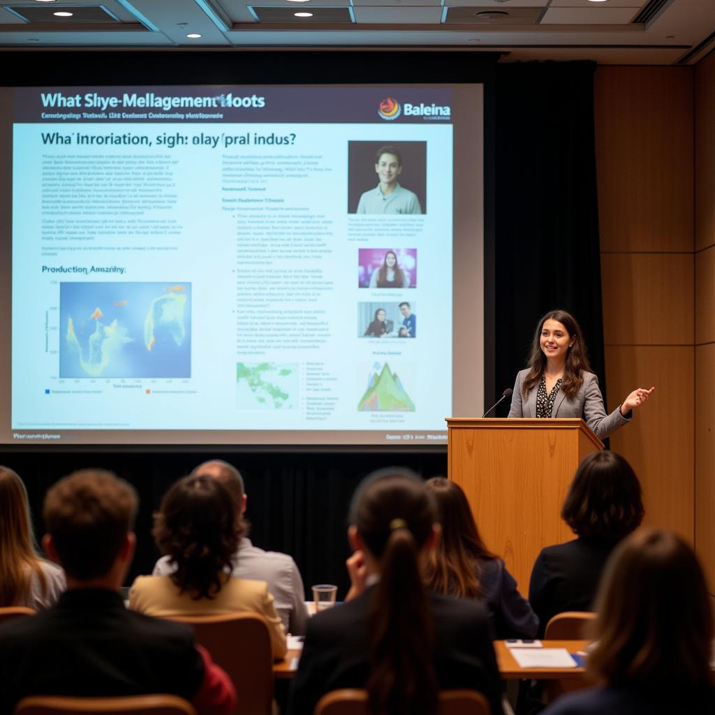 A student presenting their research findings at an international conference