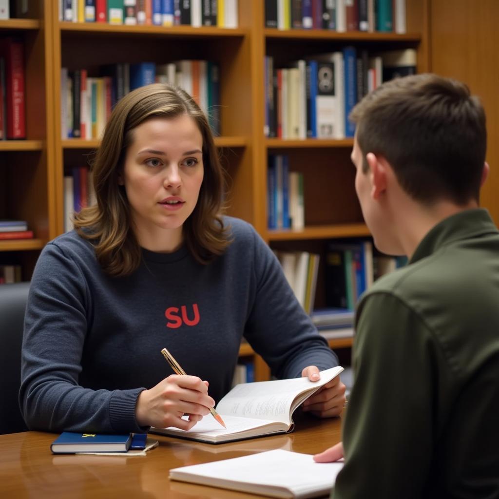 Syracuse University student and professor discussing research in an office