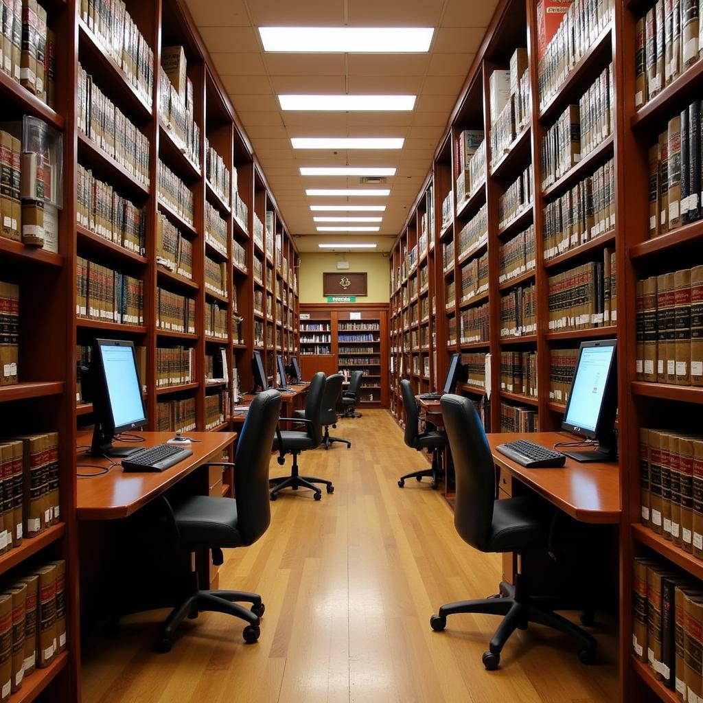 The expansive collection of the Tarlton Law Library, featuring rows of legal texts and online databases.