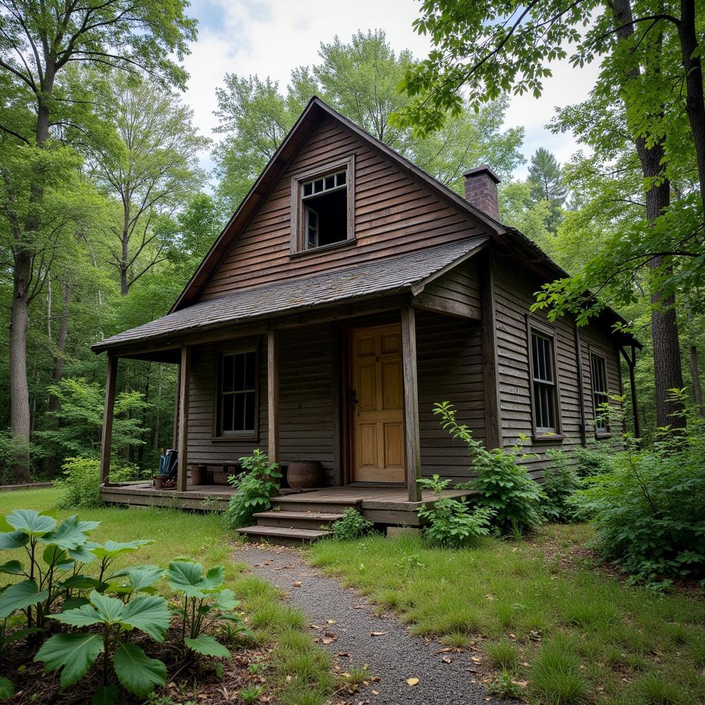 An old, dilapidated cabin in the Tdecu Woodlands Research Forest