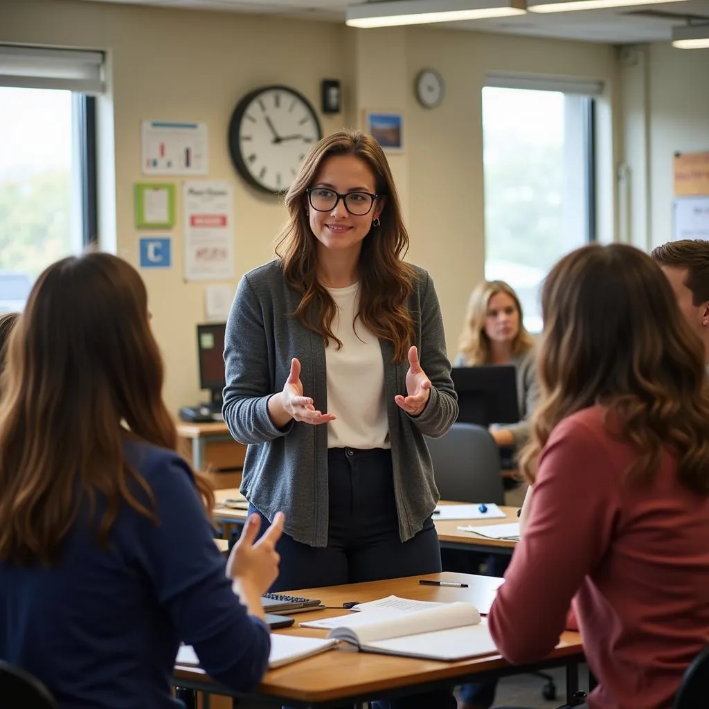 Teacher guiding students in a dynamic discussion