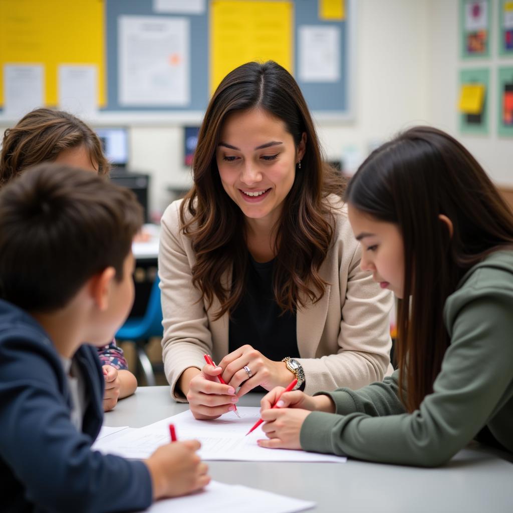 Teacher guiding a small group of students through an interactive activity