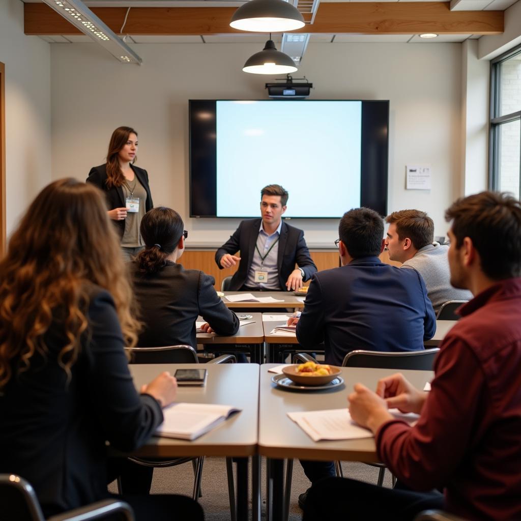 Students and professors interacting in a teaching university environment